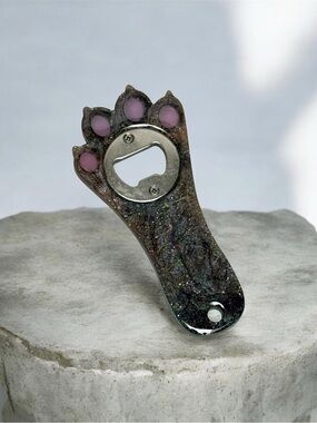 Hand Crafted Iridescent brown Paw Bottle Opener with Pink Pads
